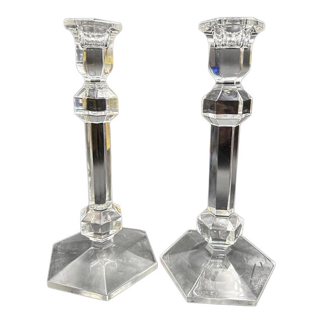 Mid 20th Century Val St Lambert Crystal Candlesticks Pair, Belgian Art Deco Faceted Glass For Sale