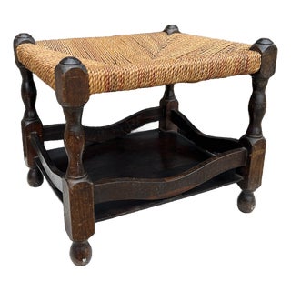 1940s English Country Oak and Rush Footstool For Sale