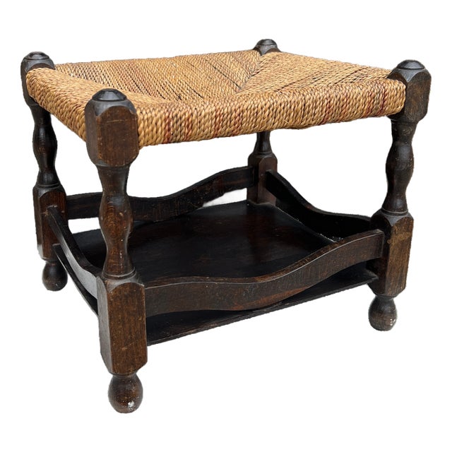 1940s English Country Oak and Rush Footstool For Sale