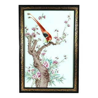 Chinese Famille Rose Plaque, Long-Tailed Bird on Flowering Peach Branch For Sale