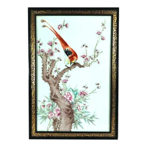 Chinese Porcelain Framed Famille Rose Plaque of Golden Pheasant on a Flowering Tree Branch