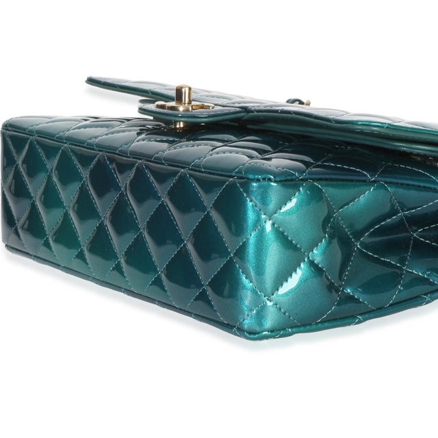 Animal Skin Green Blue Shaded Quilted Patent Medium Classic Double Flap Bag For Sale - Image 7 of 9