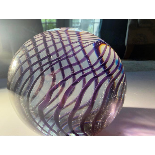 Purple Vintage Hand-Blown Purple Ribbon Swirl Studio Art Glass Paperweight - 4" For Sale - Image 8 of 10