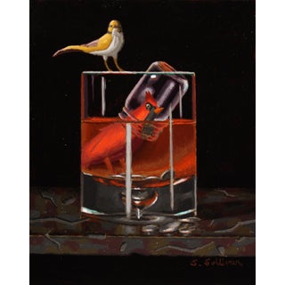 Easy Money by Shawn Sullivan | Oil on panel Still life of a bird on a glass with a cardinal inside For Sale