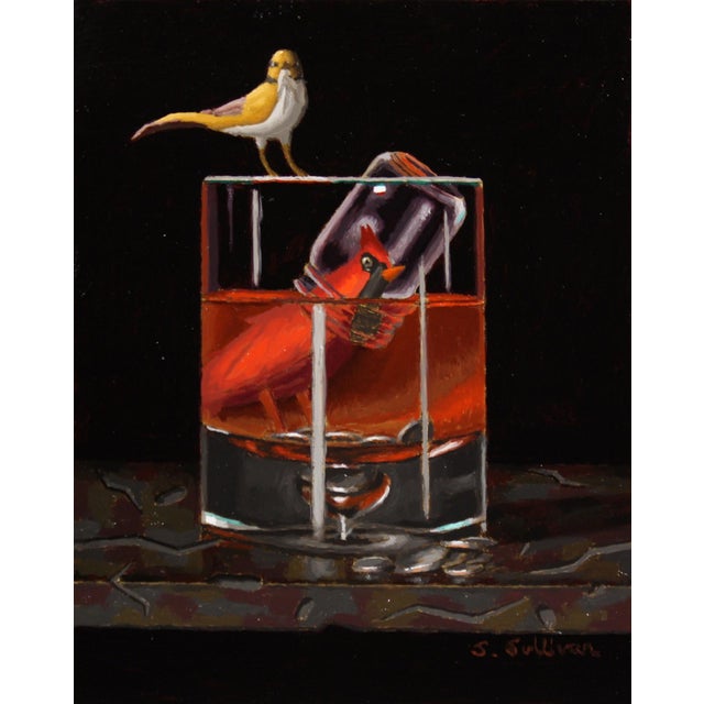 Easy Money by Shawn Sullivan | Oil on panel Still life of a bird on a glass with a cardinal inside For Sale