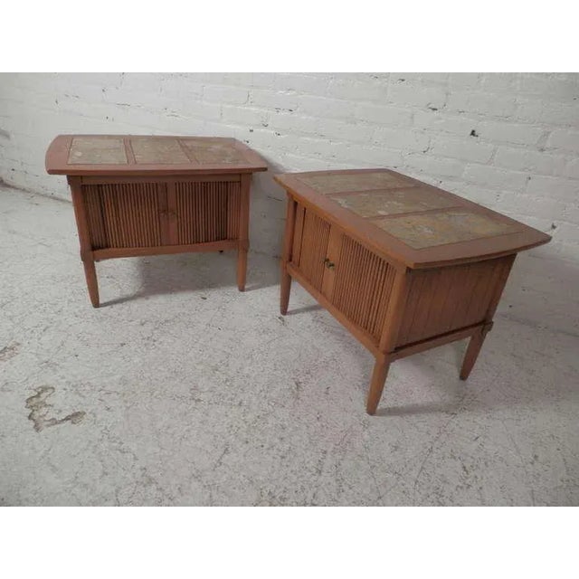 Mid-Century Modern Marble Top End Tables With Tambour Doors - a Pair For Sale - Image 3 of 8
