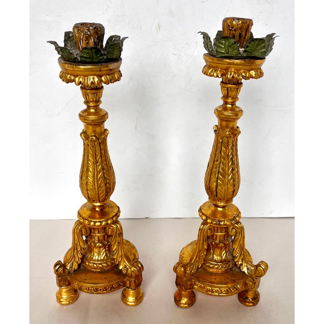 Antique Early 1900s Gilded Wood Ornate Candle Holders - A Pair For Sale - Image 12 of 15