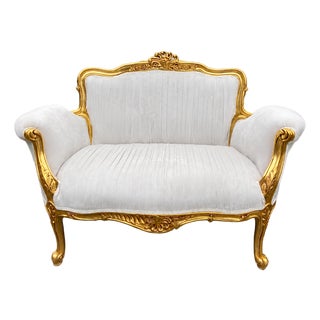 1980s French Louis XVI Gold Velvet Beech Settee For Sale