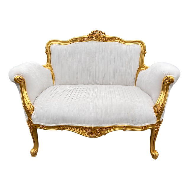 1980s French Louis XVI Gold Velvet Beech Settee For Sale