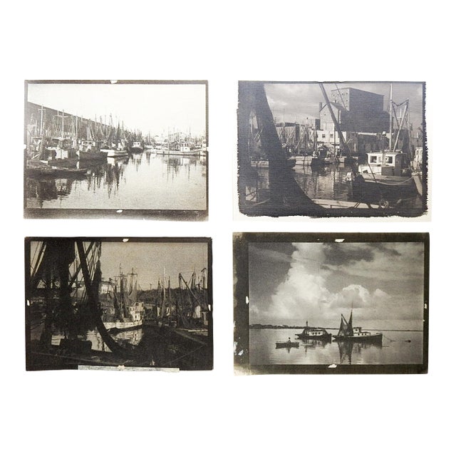 Late 20th Century Sepia Gray Tonal Fishing Boats Marina Photographs - Set of 4 For Sale