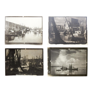 Late 20th Century Sepia Gray Tonal Fishing Boats Marina Photographs - Set of 4