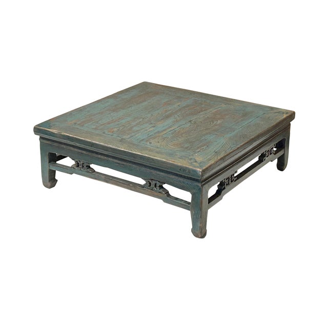 Chinese Distressed Turquoise Aqua Blue Low Square Coffee Table For Sale - Image 9 of 9