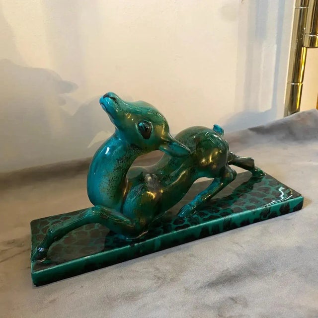 Green 1930s Egisto Fantechi Art Deco Green Ceramic Italian Sculpture of a Fawn For Sale - Image 8 of 12