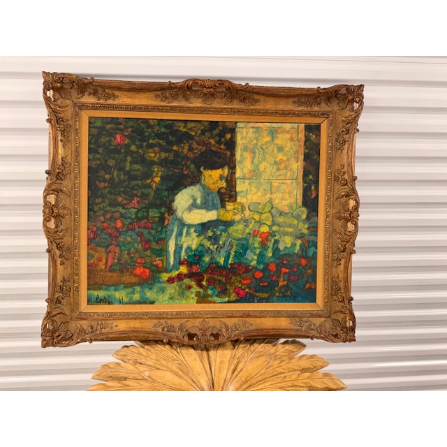 1961 American Donal Purdy Modernist Composition of a Female Figure in a Vibrant Garden Setting Frame Oil Art on Masonite. For Sale - Image 10 of 10