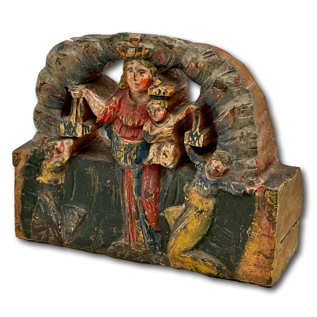 Unusual Antique Italian Hand Carved & Painted Wood Madonna & Child Sicilian Donkey Cart Fragment - Weighted for Doorstop For Sale - Image 4 of 18