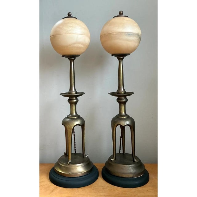 Vintage Brass and Alabaster Table Lamps - Pair For Sale In West Palm - Image 6 of 12