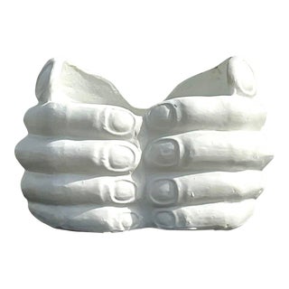 Vintage Boho Monumental Painted Terra Cotta Cupped Hands Planter For Sale