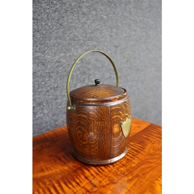 Antique English Oak Biscuit Barrel With Porcelain Liner For Sale In Philadelphia - Image 6 of 10