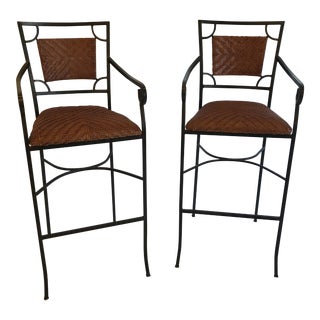 Iron and Woven Leather Bar Stools - a Pair For Sale