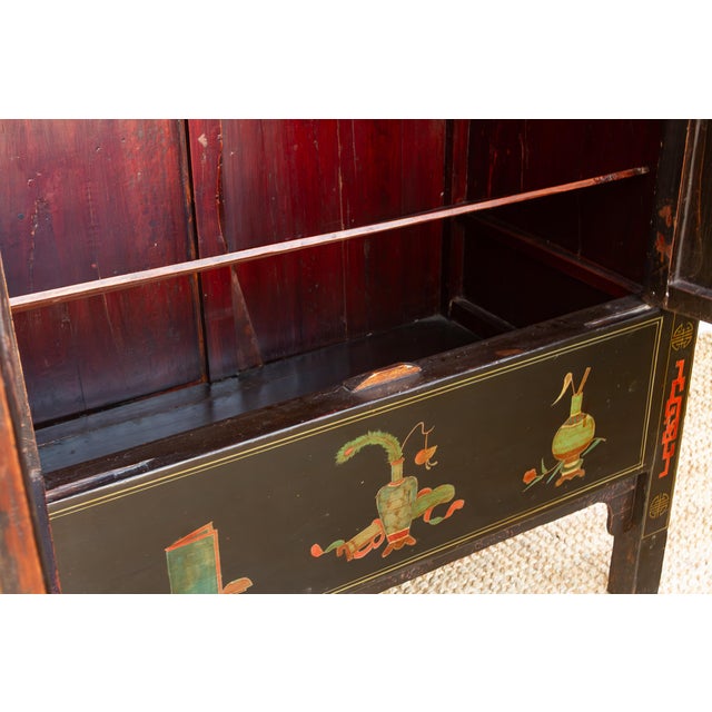 Antique Chinese Black Lacquer Armoire W/Painted Landscape For Sale - Image 4 of 12