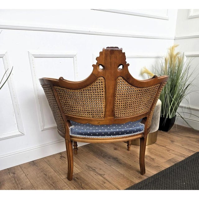 Blue Louis XV Italian Carved Wood and Cane Back Armchair, 1960s For Sale - Image 8 of 9