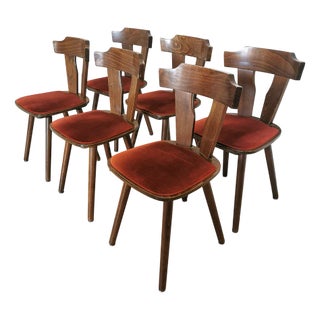 Vintage Tyrolean Dining Chairs with Red Fabric Seat, 1970s, Set of 6 For Sale