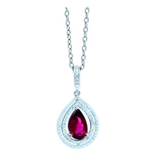 Pear Drop Shape Brilliant Cut Rubellite Pink Tourmaline Halo Set Diamond 14 Karat For Sale