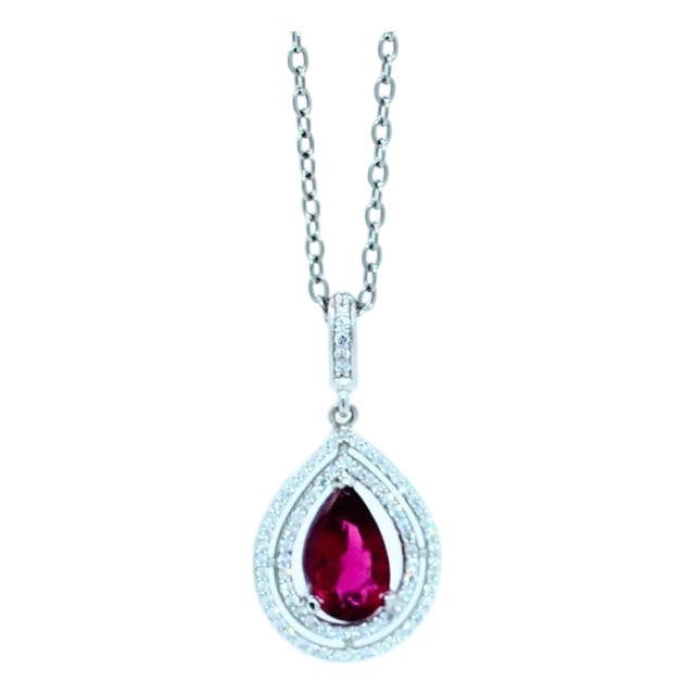 Pear Drop Shape Brilliant Cut Rubellite Pink Tourmaline Halo Set Diamond 14 Karat For Sale