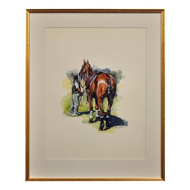 Elin Sian Blake, Polo Match, Cirencester, Player and Pony, Watercolour, Framed For Sale
