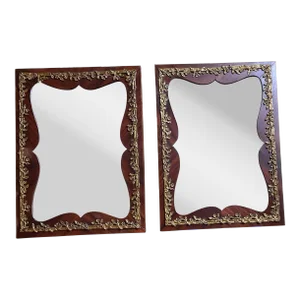 Small Antique 1920s Wood and Bronze Wall Mirror - a Pair