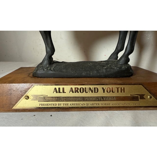 Vintage 1973 Aqha Solid Bronze Wood All Around Youth Horse Riding Trophy Award For Sale In New York - Image 6 of 12