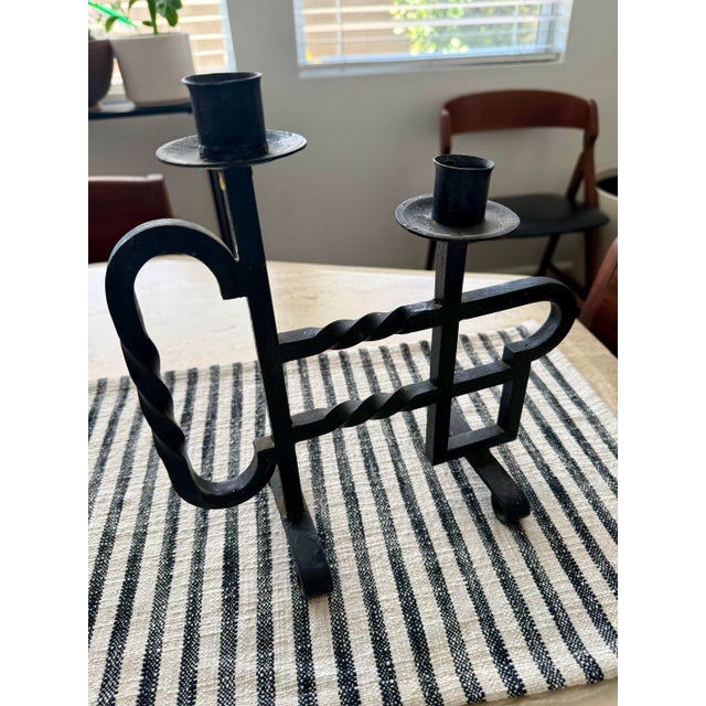 Metal Antique Hand Forged Spanish Revival Wrought Iron Twisted Metal Candle Holder For Sale - Image 7 of 9