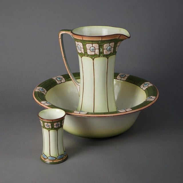 Early 20th Century Antique Arts & Crafts Mission Porcelain Stylized Ecla Bowl & Pitcher Set, Circa 1910 - Set of 3 For Sale - Image 5 of 11
