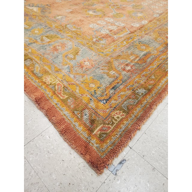 Antique Oushak Carpet, Oriental Rug, Handmade Rug Saffron, Light Blue and Coral For Sale - Image 9 of 18