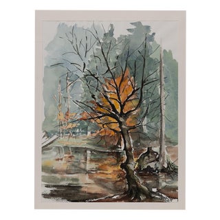 Jacques Noury, Reflections of Trees, Watercolor For Sale