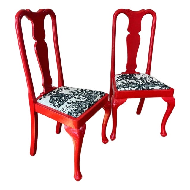 Early 20th Century Chinese Red Lacquer Queen Anne Style Vintage Chairs For Sale