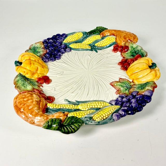 1993 Vintage Majolica Arts & Crafts Americana Boho Chic Fitz & Floyd Fall Harvest Platter For Sale - Image 10 of 11