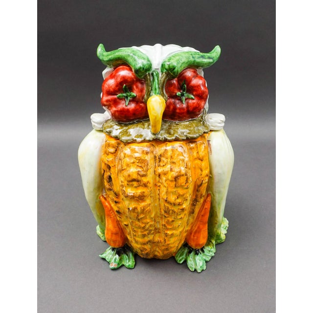 Vintage Italian Majolica Vegetables Owl Art Pottery Cookie Jar Canister. Measures approximately 7 1/4" long, 7 1/2" wide,...