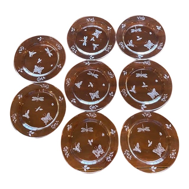 Set of 8 Varga “Springtime” Hand-Engraved Crystal Plates – Butterfly & Dragonfly Motif For Sale