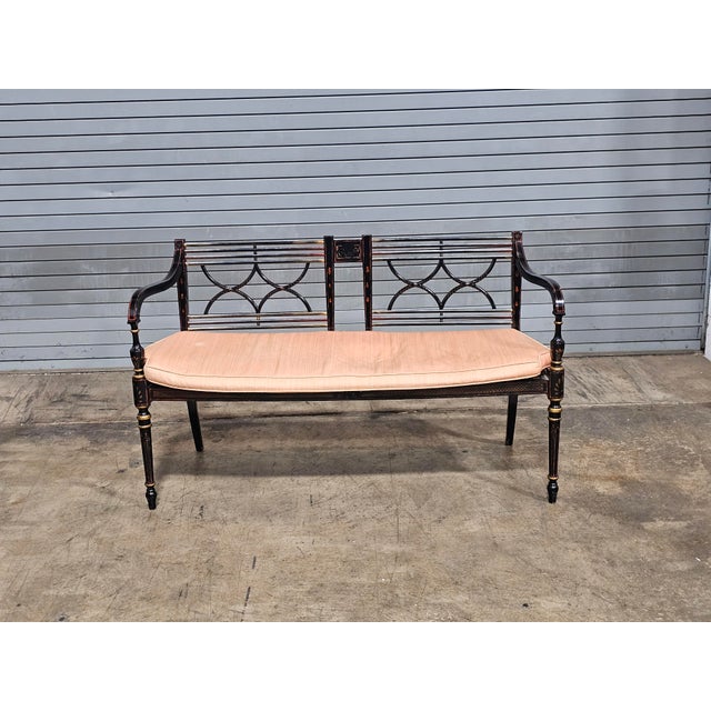 Store Item: Baker Historic Charleston Bench Settee Black Finish Gold Accents Description: Federal Style Bench featuring...