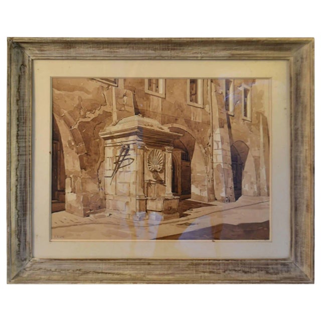 Framed Watercolor Drawing of a Fountain For Sale