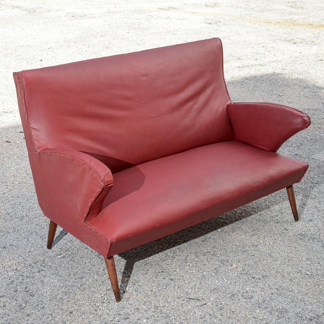 Wood Red Faux Leather Sofa with Flared Wooden Feet, 1950s For Sale - Image 7 of 8