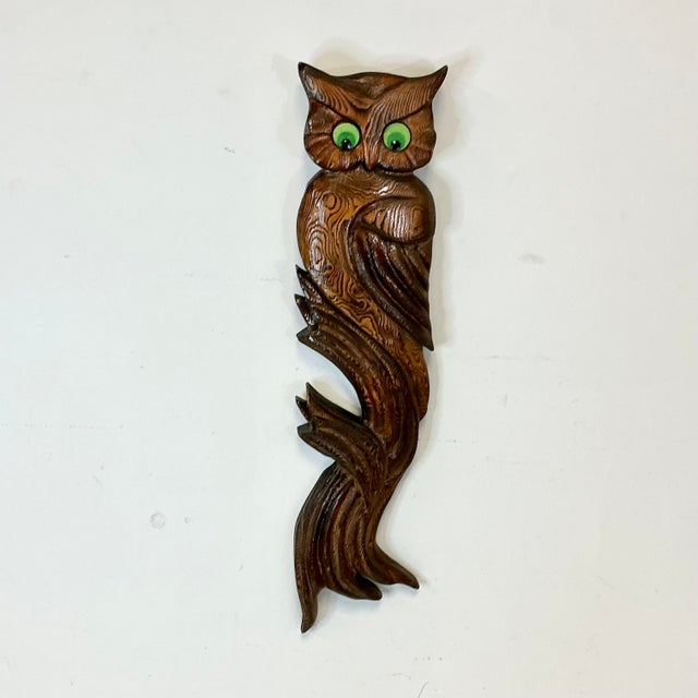 Mid-Century Boho Chic Arts & Crafts Folk Art Hand Carved Wood Owl on Branch Sculptural Wall Object For Sale - Image 14 of 18