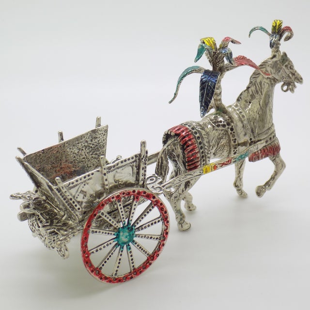 1980s Large Vintage Italian Handmade Silver Carretto Siciliano Carriage with Enameled Parts, Sicily, 1980s For Sale - Image 5 of 13