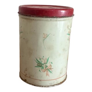 Vintage Floral Tin Canister With Red Lid For Sale