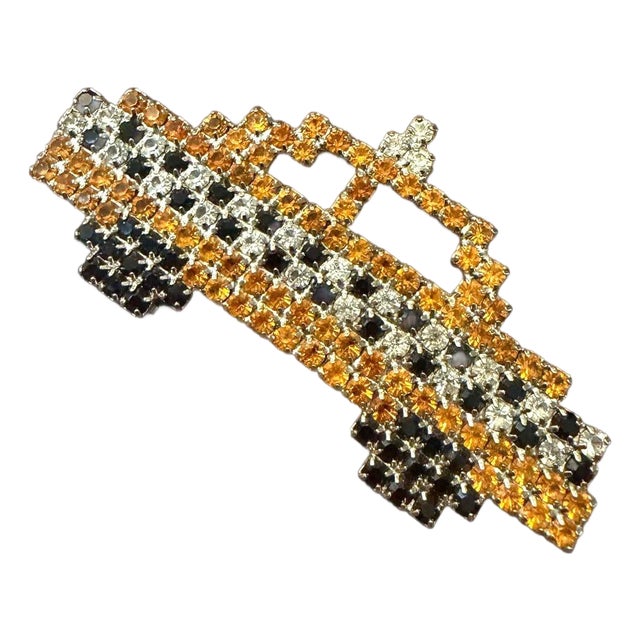 Vintage 80s Dorothy Bauer Rhinestone Yellow Taxi Cab Brooch Pin For Sale