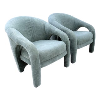 Postmodern Sculpted Sage Mint Green Velvet Lounge Chairs - A Pair For Sale