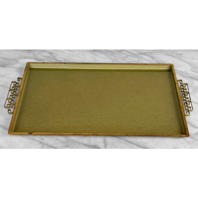 Vintage Hollywood Regency Chinoiserie Green Enamel Serving Vanity Tray For Sale - Image 4 of 9