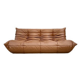 Togo Three-Seater Sofa in Dark Cognac Leather by Michel Ducaroy for Ligne Roset For Sale