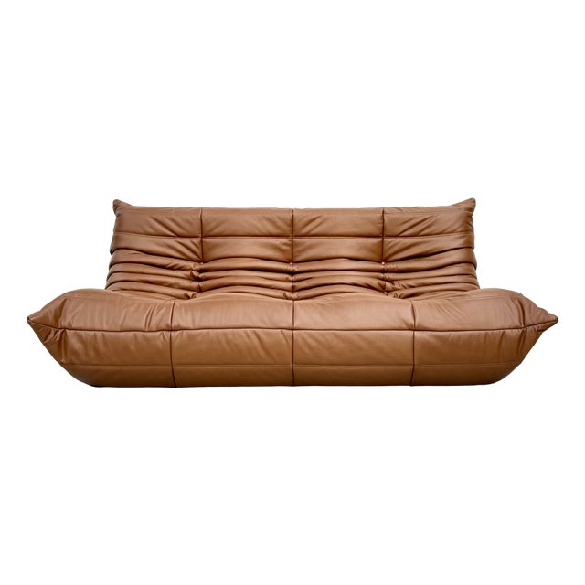 Togo Three-Seater Sofa in Dark Cognac Leather by Michel Ducaroy for Ligne Roset For Sale